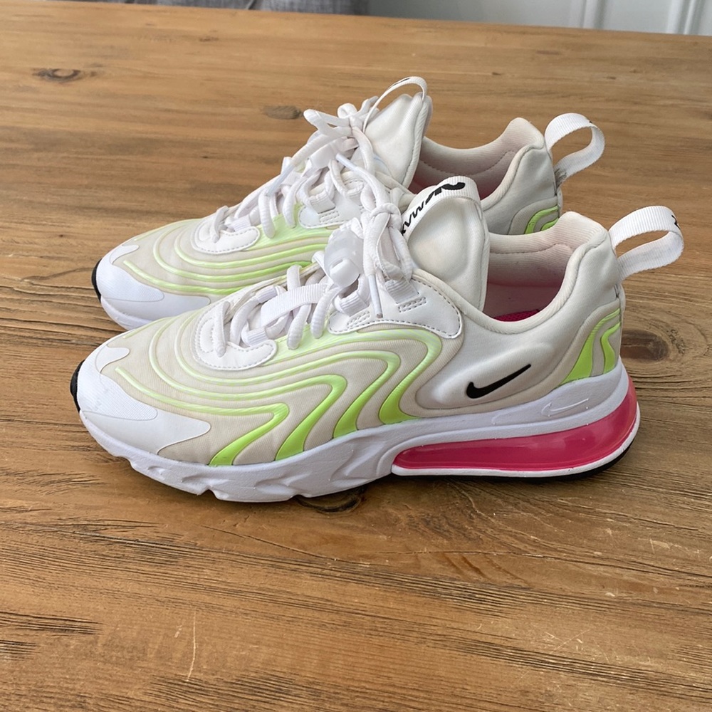 Nike Women's White Sneakers with Neon Green Accents and Pink Air Unit